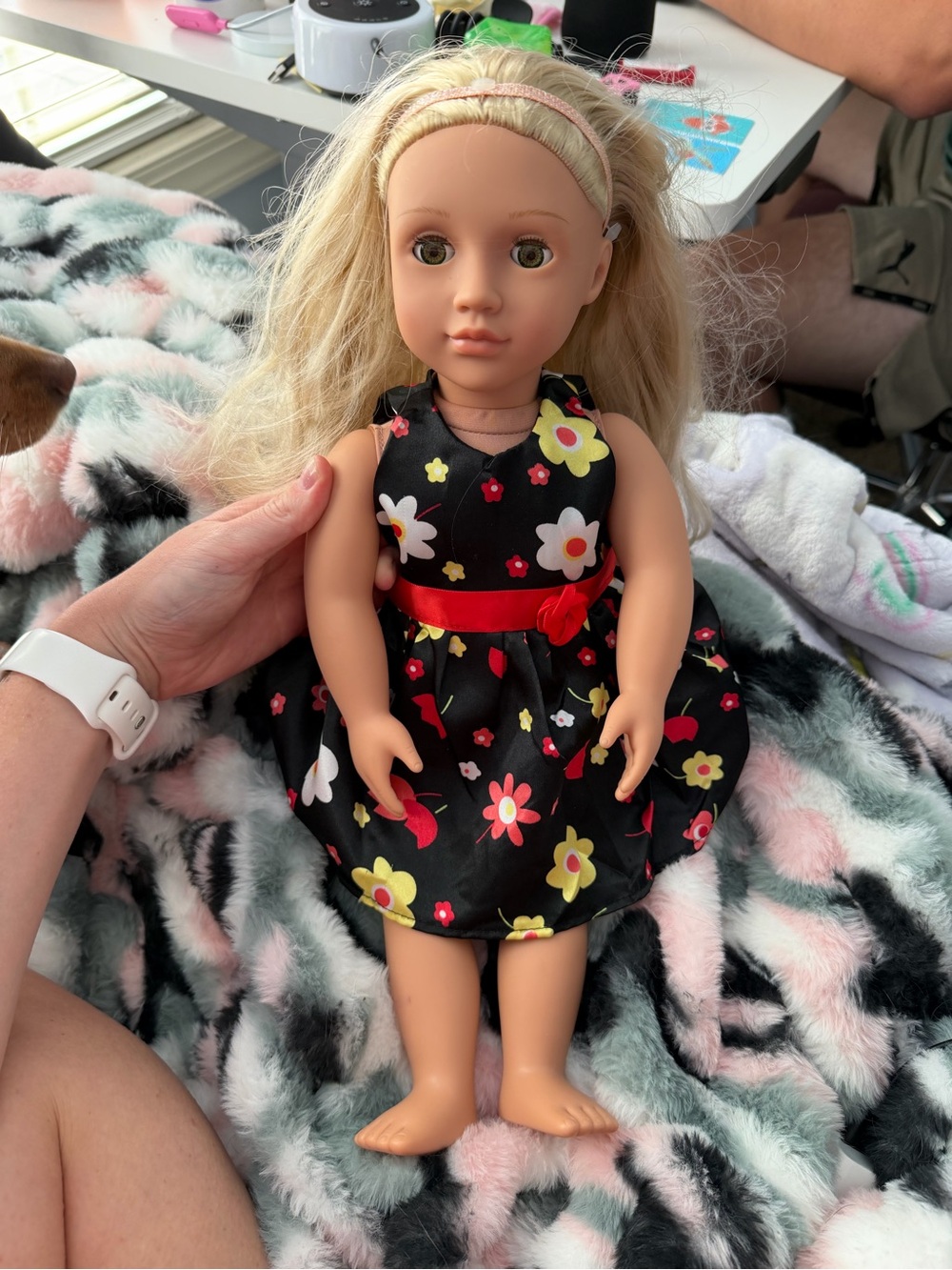 Blonde Fashion Doll in Black Floral Dress with Red Accents
